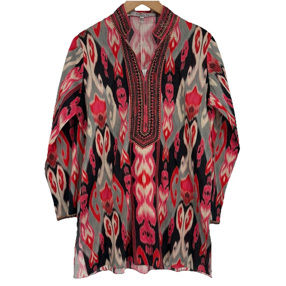 Bella Tu Womens Ikat Print Beaded Tunic Top Large‎ Colorful Resort Beach Coastal